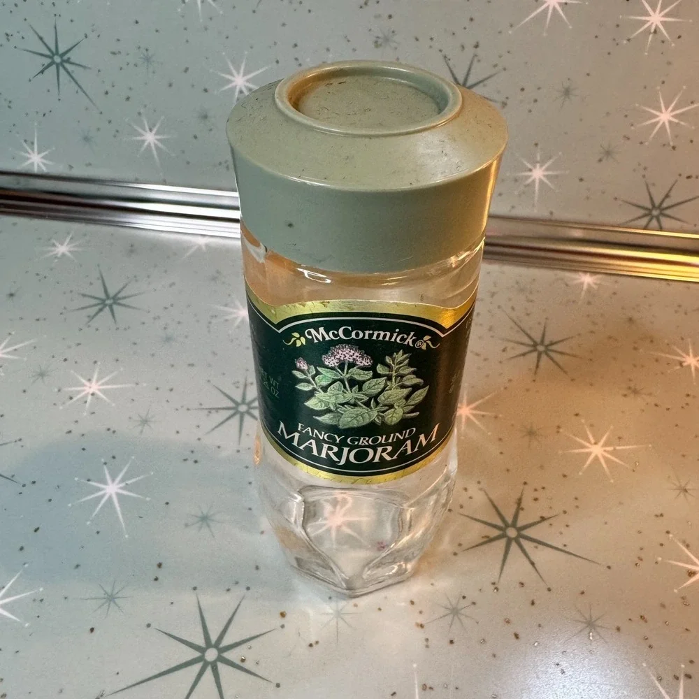 Vintage McCormick Marjoram Jar Green Label Lid Glass Spice Bottle Retro Kitchen